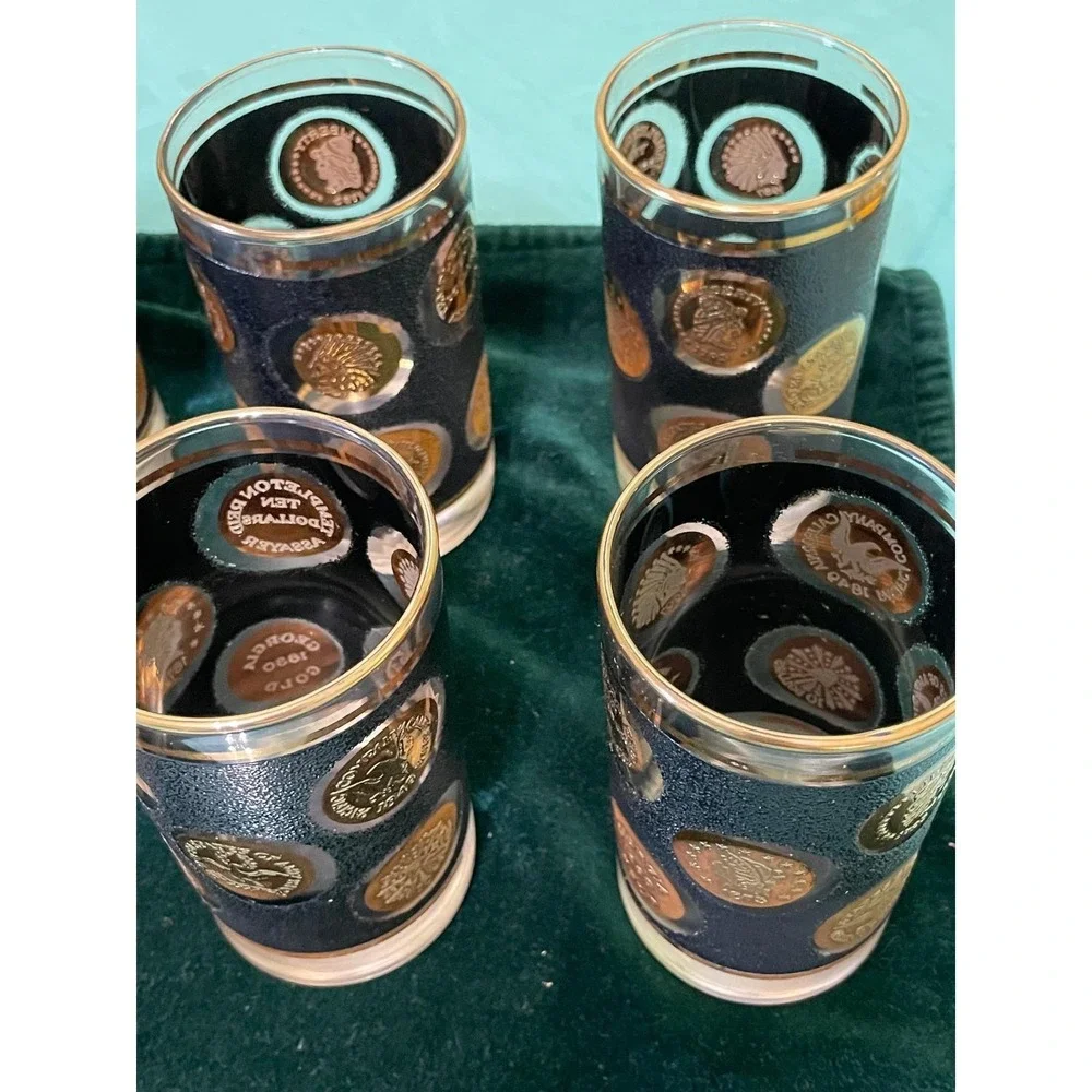 Mid Century Coin Glass Highball Set of 8 Black Gold‎ Textured Tumblers